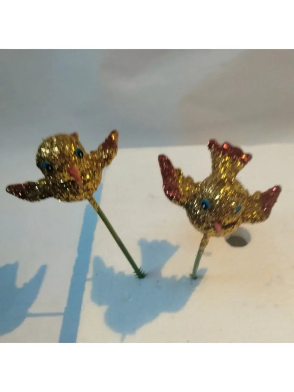 Glitter Gold Bird Ornament Green Wire Stem Decoration Crafting Lot 4